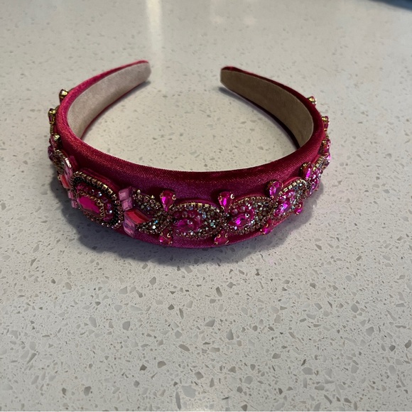 Hot Pink Velvet Retro Valentine's Day Headband, Baroque Gemstone Decor - Picture 7 of 9